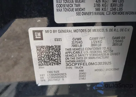 2021 Chevrolet Silverado 1500 4Wd Short Bed Lt Trail Boss z USA, uszkodzony, nr VIN 3GCPYFEL0MG303925